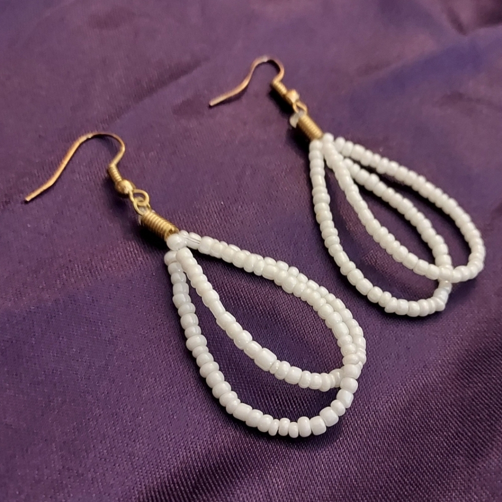 FREE with 2+ items White Beaded Beach Wire Drop Earrings Boho